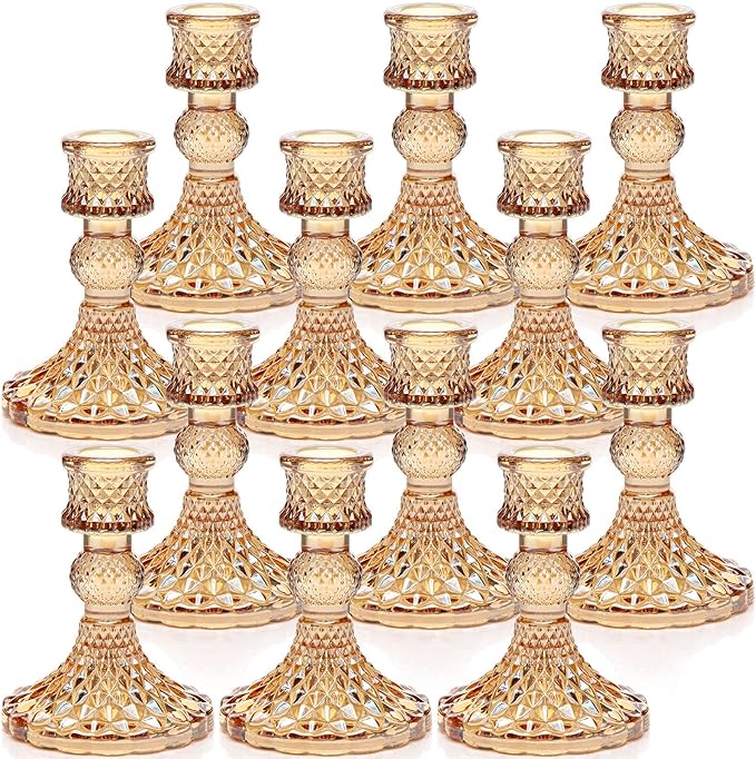 Candlestick Holders Set, 12Pcs 4" H Taper Candle Holders Bulk, Glass Candle Holders for Wedding, Festival, Party & Windowsill Decor, Gold