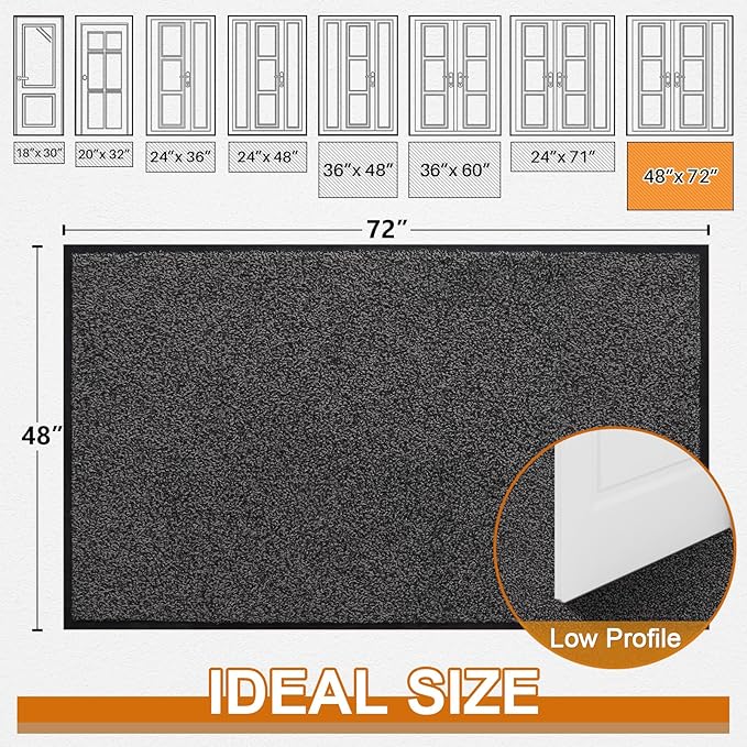Mibao Front Door Mat, Dirt Trapper Welcome Mat for Outdoor Indoor, Non-Slip Waterproof Doormat, Durable Machine Washable Low Profile Entry Rug for Back Door Outside Patio Porch, 72" x 48", Grey