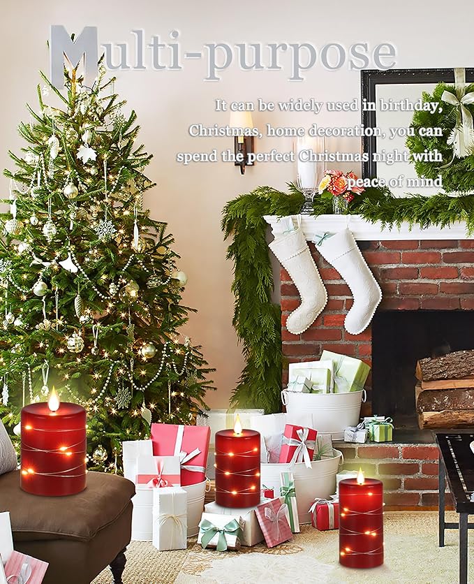 Red flameless Candles with Remote Control Timer Battery Operated LED Pillar Candles 4‘’ 5‘’ 6‘’ Fake Candles with String Lights Set of 3 for Christmas or Special Festivals Decorations