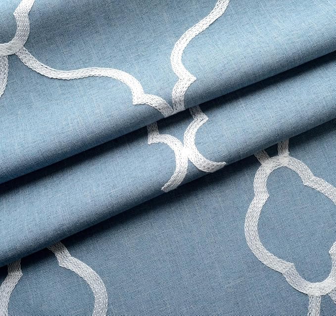 MIUCO Moroccan Embroidered Semi Sheer Curtains Faux Linen Grommet Window Curtain for Living Room 52 x 84 Inch 2 Panels, Dusty Blue