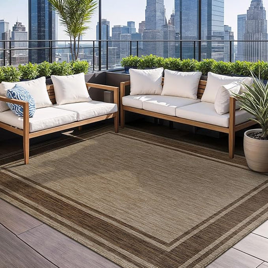 Beverly Rug Large Outdoor Rug 9x12 Modern Bordered Area Rugs for Indoor and Outdoor Patio Deck Porch Garden Waterproof Weather Sun Resistant Washable Outside Carpet (9 x 12 Jute)