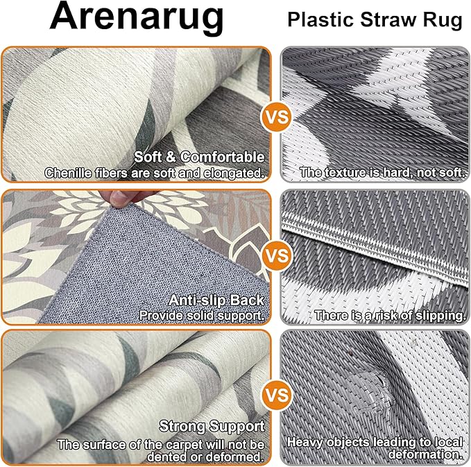 Indoor Outdoor Area Rug Washable Multicolored Patio Rug Tropical Botanical Modern Floral Indoor Outdoor Carpet Brown White Rug Non Slip Non Shedding for Patio, Deck, Backyard, Porch (9x12)