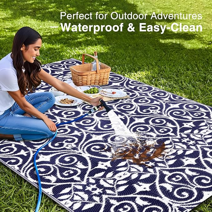 OLANLY Outdoor Rug Waterproof 5x8 ft Clearance, Reversible Outdoor Plastic Straw Rug with Floral Pattern, RV Mat for Patio, Camping, Balcony, Deck, Backyard, Navy & White