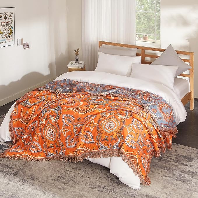 Boho Throw Blanket for Bed 80”x90”, 100% Cotton Woven Blanket for Couch Sofa, Ultra Soft 4-Layer Muslin Quilt with Vintage Floral Printed, Farmhouse Bed Blanket/Cover for Living Room Decor