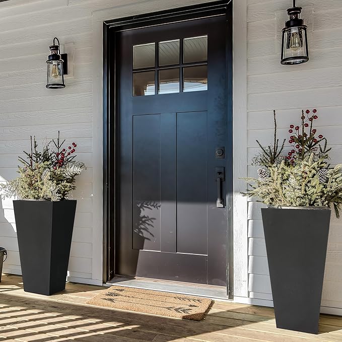 Worth Garden 2-Pack Black Matte Texture Square Tapered Planter - 25.5" H. Tall Plastic Plant Pots with Drain Hole for Indoor Outdoor - Modern Decorative Flower Pots for Front Porch, Patio, Deck