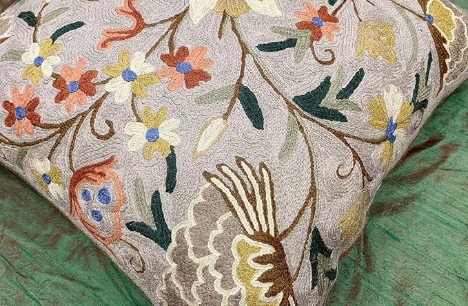 Beige Floral Pillow Cover Taupe Flower Traditional Hand Embroidered Pillowcase Traditional Outdoor Cushion Suzani Couch Flowery Needlepoint Chair Cushion Wool Size - 18x18