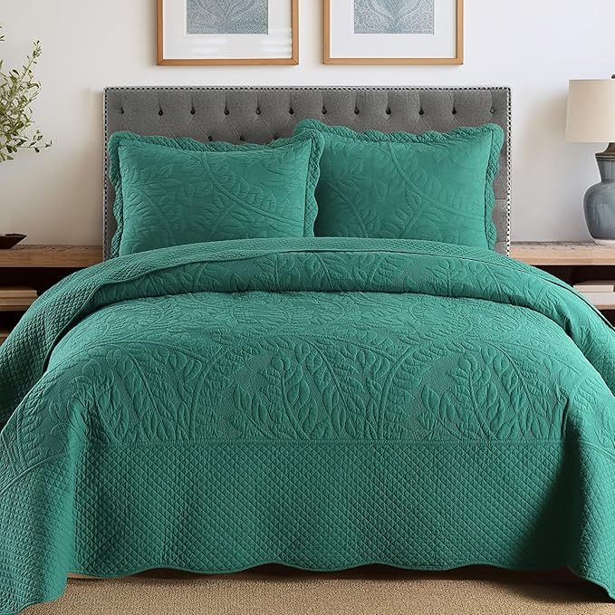 MarCielo 3-Piece 100% Cotton Oversized Bedspread Lightweight Quilt Coverlet Embroidery Farmhouse Bedding Set T0 (Emerald, Oversized King (118"x106"))