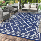 GAOMON Outdoor Plastic Straw Rug, 10'x20' Reversible Sage Green Patio Mat, Flower Modern Design for RV, Backyard, Deck, Camping, Picnic, Navy/White(Geometric)