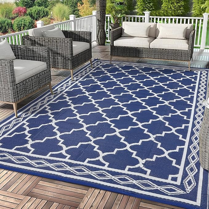 GAOMON Outdoor Plastic Straw Rug, 10'x20' Reversible Sage Green Patio Mat, Flower Modern Design for RV, Backyard, Deck, Camping, Picnic, Navy/White(Geometric)