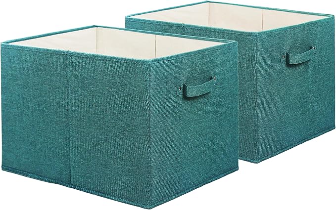 SIMPLE HOUSEWARE 15 x 13 Inch Collapsible Fabric Storage Bin with Handles, 2 Pack, Turquoise
