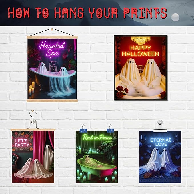 LANCHI95 Halloween Ghosts Wall Art Halloween Wall Art Gothic Romantic Couple Cute Ghost Wall Decor Pictures Horror Wall Decor for Living Room Bedroom, Set 9pcs - 8x10 in (UNFRAMED)