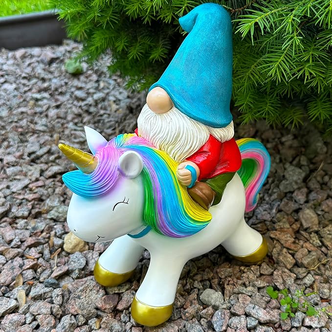 Mood Lab Garden Gnome Statue - Garden Gnome Riding Unicorn - 8.3 Inch Tall Lawn Figurine - for Outdoor or House Decor - Funny Yard & Patio Decoration