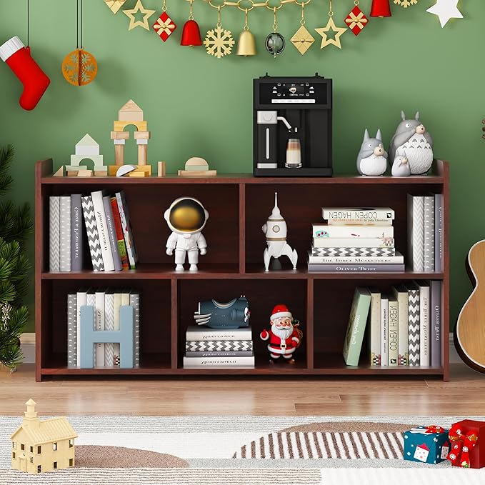 Book Shelf Set of 2, 5 Cubes Storage Organizer, Open Shelf Wooden Bookcase, Freestanding Cherry Bookshelf Cube Shelf for Bedroom, Living Room, Home Office