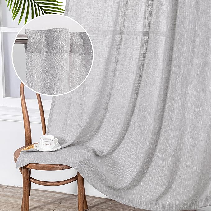 MYSKY HOME Short Curtains for Small Window, Boho Sheer Curtains 2 Panels Set Window Treatment Drapes Linen Style Texture for Closet/Kitchen, 50"x63", Light Grey, 2 PCs