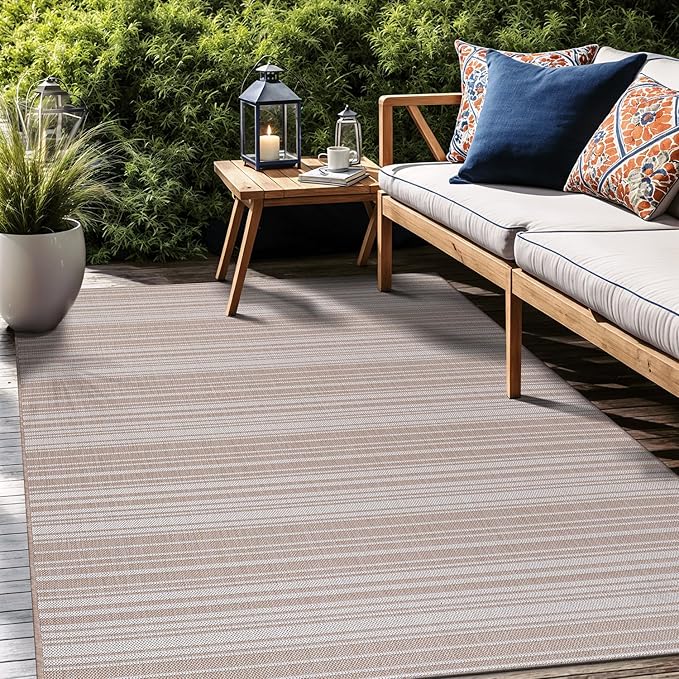Stripe Outdoor Rug 10x14 Washable Outside Carpet for Indoor Patio Porch Waterproof Easy Cleaning Non Shedding Area Rugs Beige 10 x 14