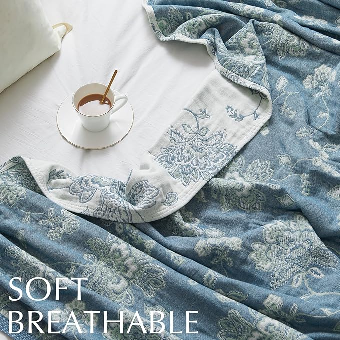 jinchan Boho 100% Cotton Muslin Queen Size 80x90 Inches Blanket Lightweight 4-Layer Quilted Soft Blue and White Floral Throw Blanket Green Accents Reversible Comfy Flower Rustic Summer Couch Bedroom