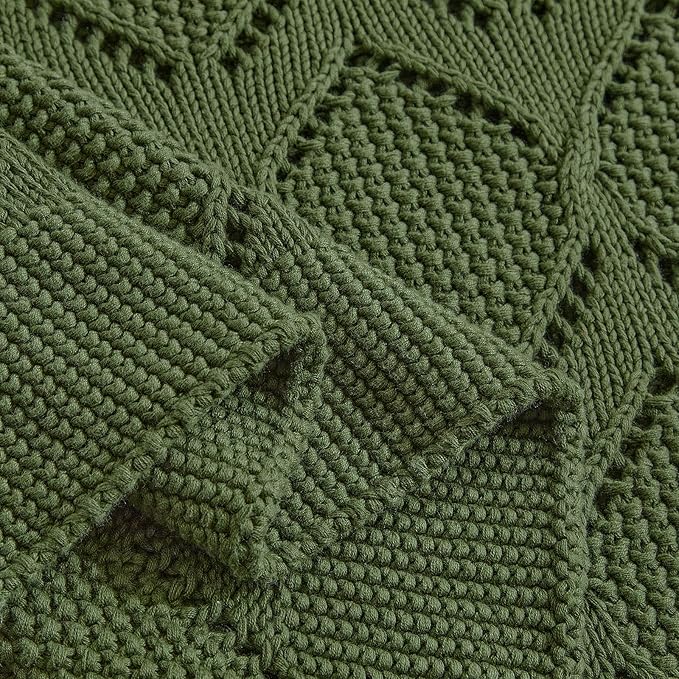 Longhui bedding Chunky Cotton Knit Throw Blanket for Couch, Sofa, Bed, or Chair, Decorative Breathable Fall Cable Knit Blanket 51 x 63 Inches, Olive Green
