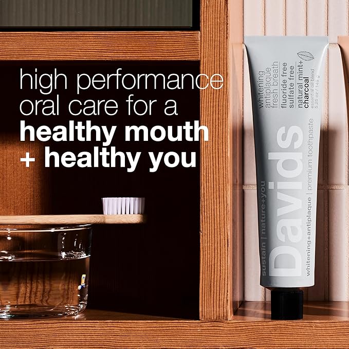 Davids Charcoal Toothpaste for Enhanced Teeth Whitening, Peppermint, Antiplaque, Flouride Free, SLS Free, Enamel Safe, Recyclable Metal Tube, 5.25oz