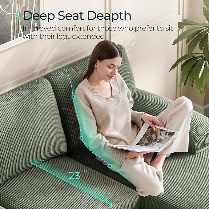 LINSY HOME Sectional Couch, 111'' W Corduroy U Shaped Sofa with Sleepable Armrests, 4 Seat Couch with Double Chaises, Deep Seat Sofa for Living Room, Army Green