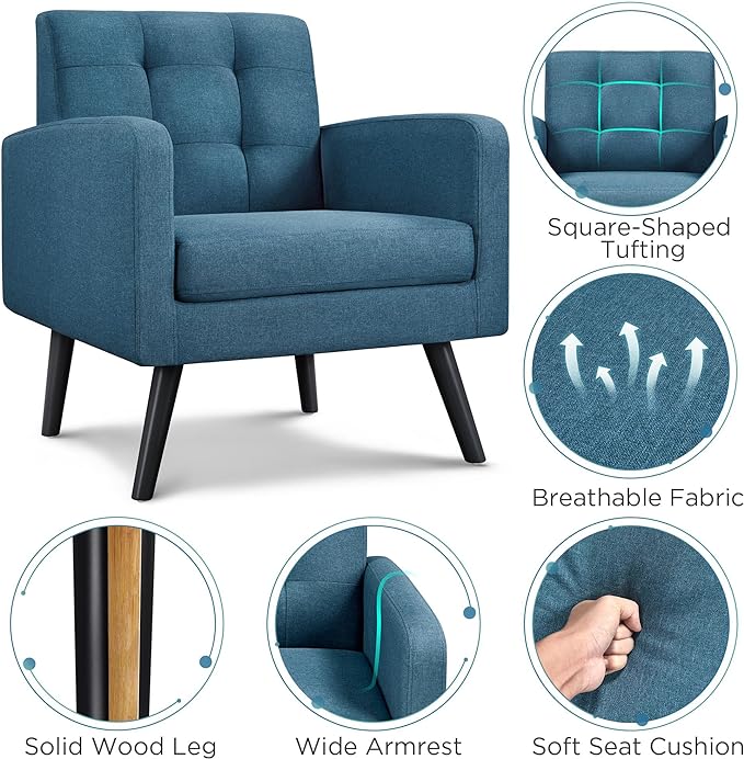 Yaheetech Mid-Century Accent Chairs, Modern Upholstered Living Room Chair, Cozy Armchair Button Tufted Back and Wood Legs for Bedroom/Office/Cafe, Set of 2, Navy Blue