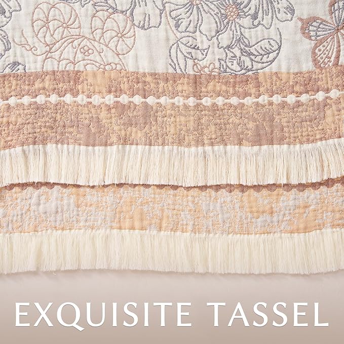 JINCHAN Boho Floral 100% Cotton Blanket 4-Layer Throw Blanket with Tassel Taupe and White Flower Butterfly Soft Luxury Rustic Farmhouse Decor Blanket for Couch Bed 80x90 inch All Season gift for women