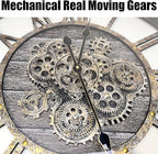 DORBOKER 27" Real Moving Gears Large Wall Clock with Toughened Glass Cover, Giant Wood Farmhouse Clock, Oversized Vintage Industrial Rustic Clock for Living Room Decor Home Kitchen (Carbon Grey)