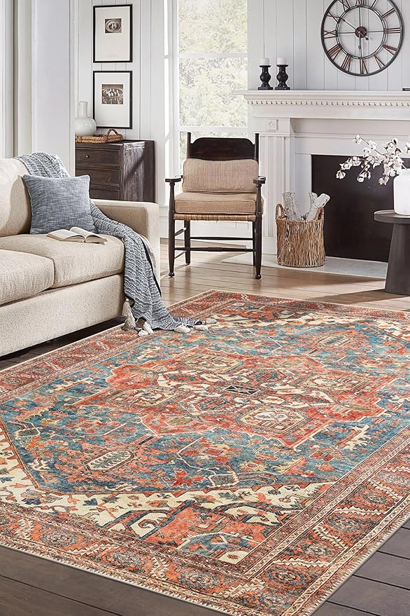 Keen Home Design 8x10 Rug - Machine Washable Area Rug with Non-Slip Backing, Ideal for Living Room, Dining Room, Bedroom - Vintage, Easy Clean, Durable, Low Pile Rug - (8' x 10')