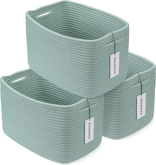 Cotton Rope storage Basket Bins Woven Basket for Organizing Shelves Rectangle Decorative Baskets For storage Clothes Toys Books Towels Square Wicker Nursery basket organizer 3 pack Green
