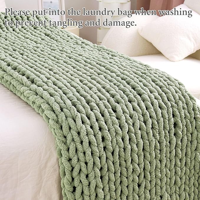 Admitrack Chunky Knit Blanket Throw, 100% Hand Knit Chenille Throw Blanket for Sofa & Home Decor, Soft and Cozy Knitted Throw Blankets (Sage Green，51"x63")