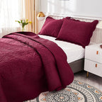 MarCielo 3-Piece 100% Cotton Oversized Bedspread Lightweight Quilt Coverlet Embroidery Farmhouse Bedding Set T0 (Wine Burgundy, Oversized King (118"x106"))