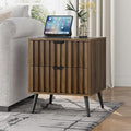 Smuxee Walnut Wooden Night Stand, Mid Century Nightstand with 2 Fluted Drawers, Bedside Table with Metal Feet, Modern End Side Table for Bedroom