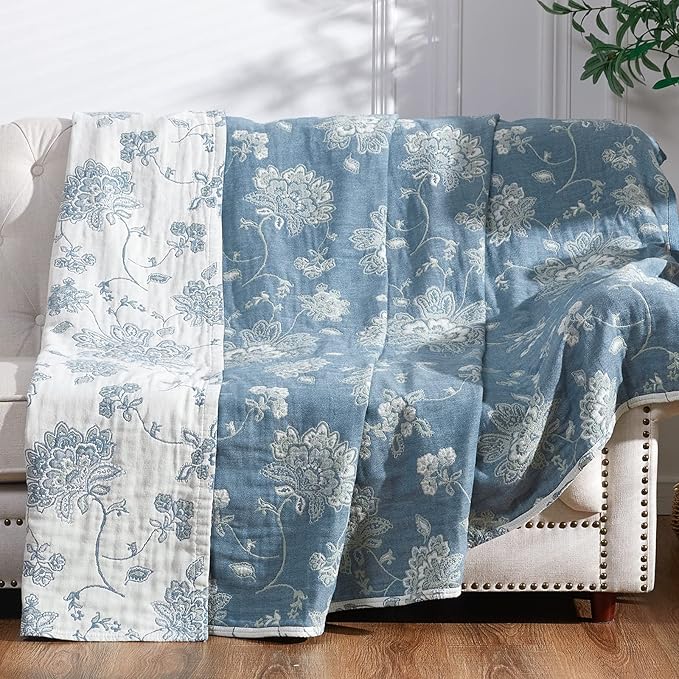 jinchan Boho 100% Cotton Muslin Twin Size 60x80 Inches Blanket Lightweight 4-Layer Quilted Soft Blue and White Floral Throw Blanket Green Accents Reversible Comfy Flower Summer Couch Bedroom Decor