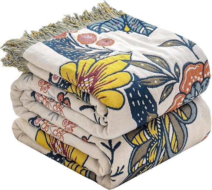 Boho Cotton Throw Blanket - Ultra-Soft Rustic Quilt for Bed, Home Decor & Travel - Large 60"x80" Muslin Blanket - All-Season Lightweight Bedspread & Throw for Women & Moms