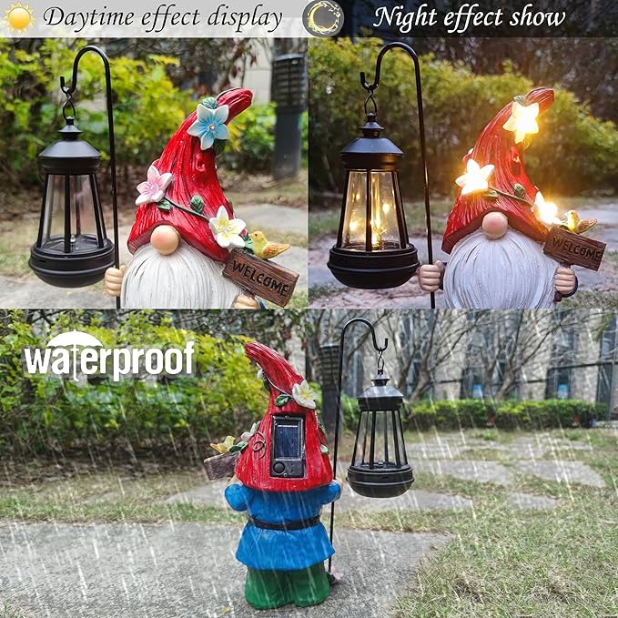 Solar Gnome Garden Statues Outdoor Décor with Lantern- Gnome Figurines Solar LED Light Lawn Ornaments - Yard Decorations for Patio, Balcony, Backyard -Unique House Warming Gifts for Mom