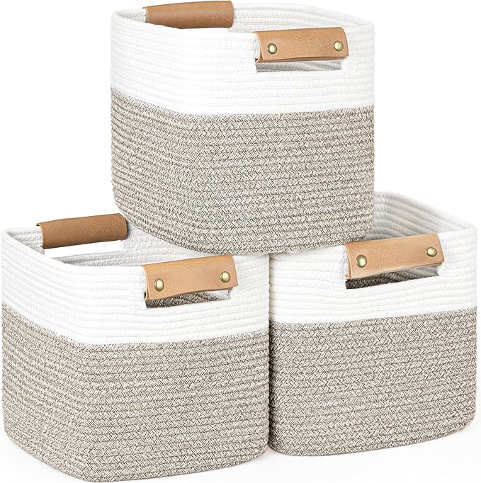 danpinera 11 Inch Storage Baskets, Woven Baskets for Organizing, 3 Pack Storage Cubes for Shelves, Closet, Nursery with Removable Leather Handles, White & Mixed Brown