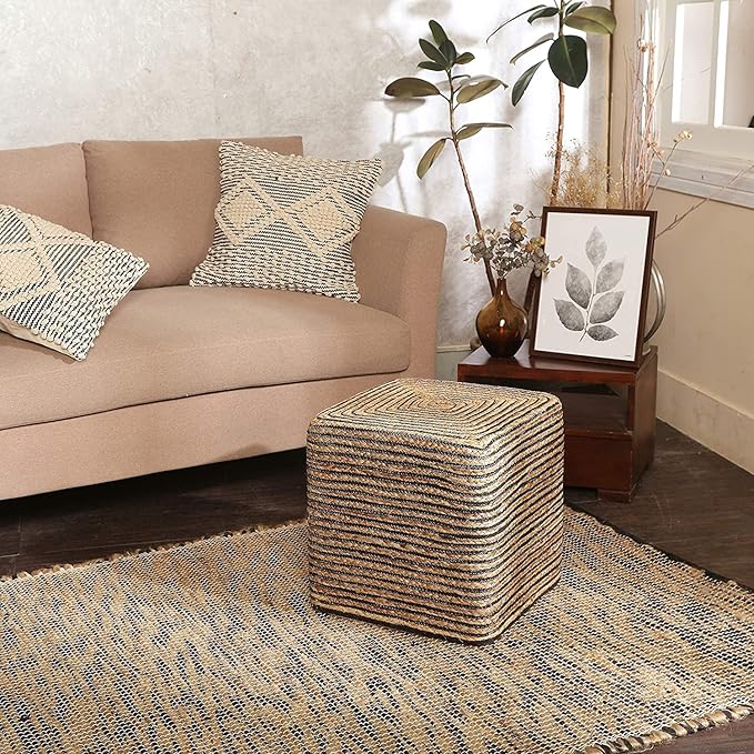 REDEARTH · Cube Pouf Foot Stool Ottoman - Jute Braided Pouffe Poof Accent Sitting Footrest for The Living Room, Bedroom, Nursery, Patio, Lounge 50% Jute 50% Cotton (14.5”x14.5”x16”; Natural Black)