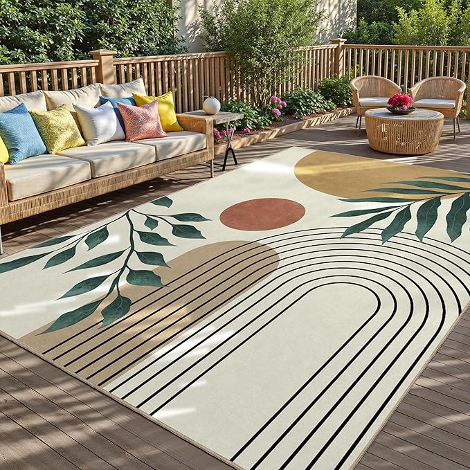 Indoor Outdoor Area Rug, Mid Century Sun Outdoor Patio Rug,Washable Abstract Art Leaves Eucalyptus Runway Rugs Non-Slip Carpet for Camping, Bedroom, Deck(8x10)