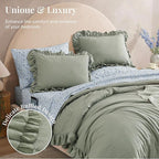 Queen Comforter Set - 7 Pieces Ruffle Sage Green Bedding Sets, Shabby Chic Farmhouse Bed in a Bag Queen with Ruffle Comforter, Floral Sheets, Pillowcases & Shams