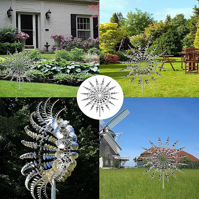 Unique and Magical Metal Windmill, 3D Wind Powered Kinetic Sculpture, Metal Wind Spinner Solar, Wind Spinners for Yard and Garden, Wind Catchers Metal Outdoor Patio Decoration (2 PCS -Silver)