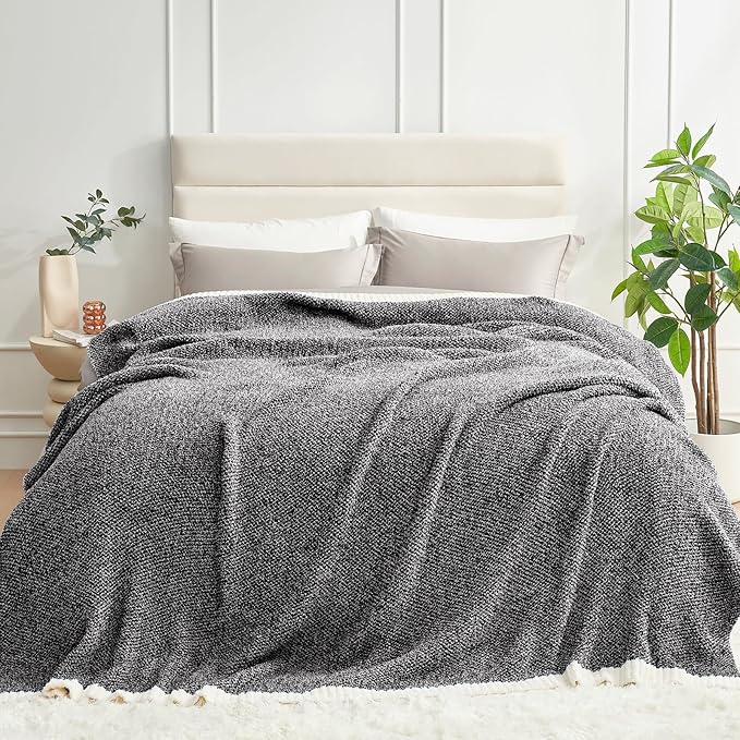 Snuggle Sac Queen Size Bedding Blanket Black, Super Soft Warm Cozy Bed Blankets Oversized Fuzzy Plush Blankets for Bed, Bedroom, Heather Black, 90x90 inches