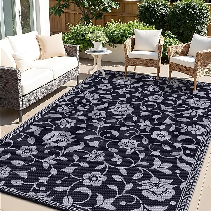 OLANLY Waterproof Outdoor Rug 9x12 ft, Outdoor Plastic Straw Rug with Flower Pattern, Reversible RV Mat for Patio, Camping, Balcony, Deck, Backyard, Black & Grey