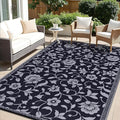 OLANLY Waterproof Outdoor Rug 6x9 ft, Outdoor Plastic Straw Rug with Flower Pattern, Reversible RV Mat for Patio, Camping, Balcony, Deck, Backyard, Black & Grey