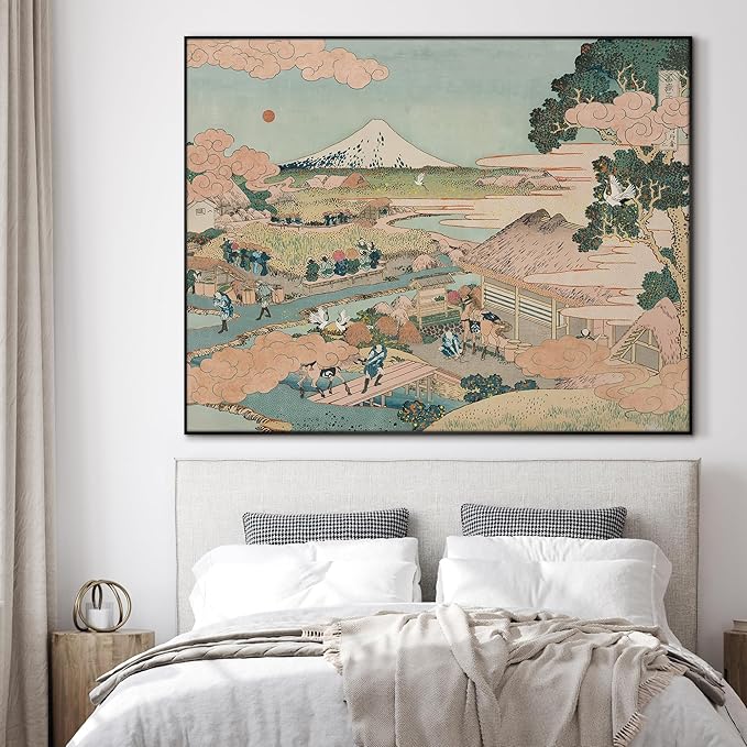 SIGNWIN 60"x72" Extra Large Framed Wall Art Japanese Ukiyo-e Landscape, Timeless Mt. Fuji Scene for Zen-Inspired or Asian-Style Interiors for Home Living Room Bedroom Decor (Frame Assembly Required)