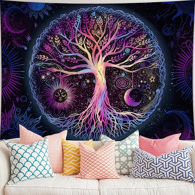 FORATER Tree of Life Tapestry Wall Hanging Colorful Life Tree Tapestries Aesthetic Sun and Moon Galaxy Wall Tapestry for Bedroom Living Room Dorm(53 x 61 Inch, Multicolor)