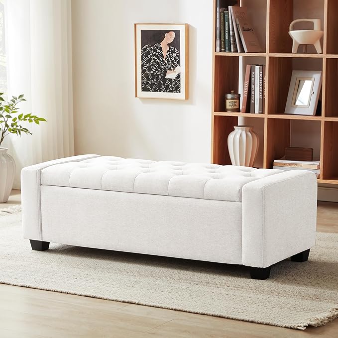 48" Ottoman with Storage, White Storage Ottoman Bench with Safety Hinge, Upholstered Entryway Bench with Seating for Bedroom, Living Room, Holds up to 330 lb