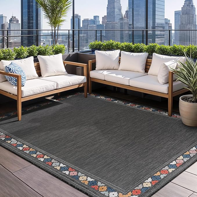 Beverly Rug Outdoor Rug 10x14 Modern Bordered Large Area Rugs for Indoor and Outdoor Patio Easy to Clean Non Shedding Living Room Porch Garden Washable Outside Carpet (10 x 14 Dark Gray)