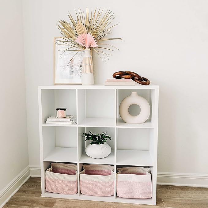 OrganiHaus Set of 3 Woven Storage Baskets for Organizing, Cotton Rope Organizer Bins for Shelves, Closet & Nursery, Dog Toy Basket, Decorative Bins for Toys, Towels & Books - 15x10x9, Pink/Off-White