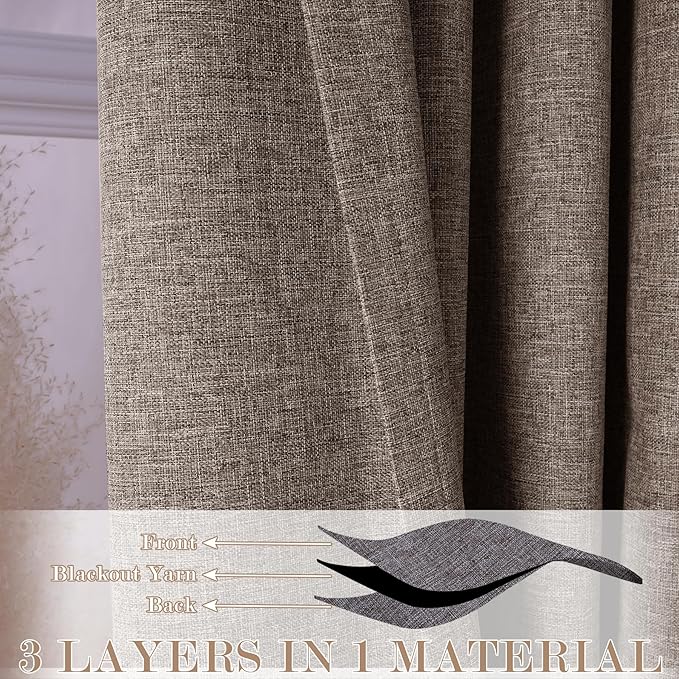 Extra Wide 100% Blackout Linen Textured Curtains - Room Dividers, W200 x L84 (1 Panel), Pinch Pleat Drapes for Living Room, Full Light Block Out Drapery for Sliding Door, Light Brown