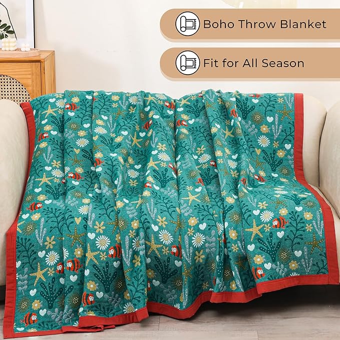 Boho Throw Blanket, 100% Organic Cotton Skin-Friendly Breathable Ultra Soft Bed Quilt Throw - All Season Blue & Red FishFarmhouse Decor Blanket for Sofa Couch Chair and Gift. 60" x 80"