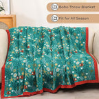 Boho Throw Blanket, 100% Organic Cotton Skin-Friendly Breathable Ultra Soft Bed Quilt Throw - All Season Blue & Red FishFarmhouse Decor Blanket for Sofa Couch Chair and Gift. 60" x 80"
